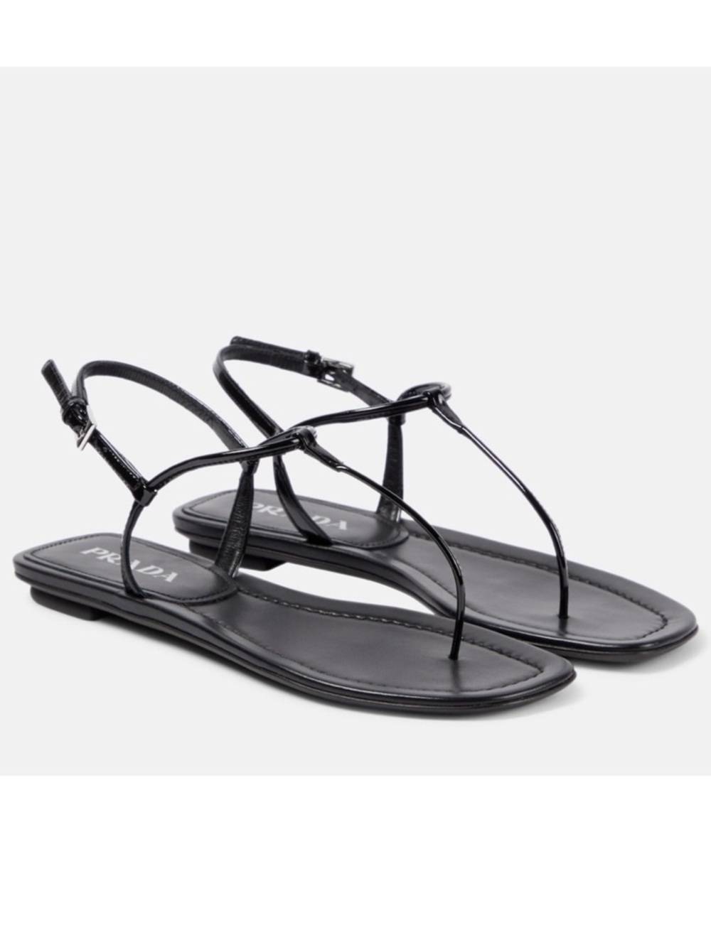 Prada Dark Navy Blue Patent leather T strap square toe flat thong sandals EU37.5